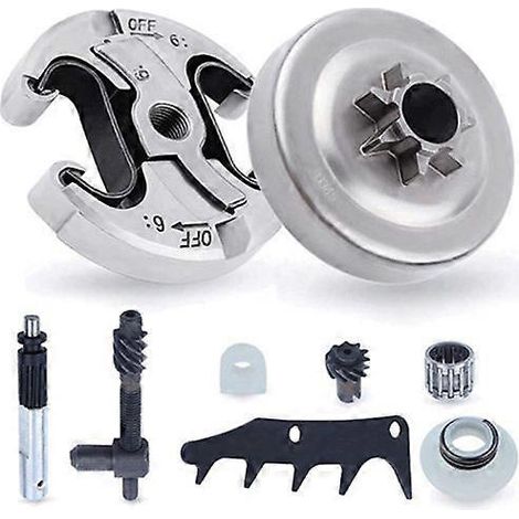 Kit d'embrayage D pour tronçonneuse Husqvarna 445, 445E, 450 et 450E : pièces de rechange pour pompe à huile et vis sans fin (réf. SFYGV). (1/5)