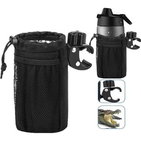 Motorrad-Getränkehalter mit Krokodilklemme – Universeller Flaschenhalter für Fahrrad, Roller, Golfwagen und Strand – Zubehör mit Netztasche und Kordelzug (1 Stück, schwarz) (1/5)