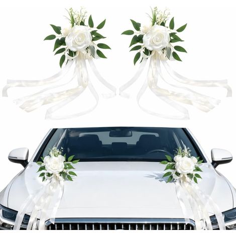 Juego de 2 flores artificiales blancas, flores de tela grandes para decoración de coches de boda, lazos florales para espejo retrovisor, silla, iglesia, oficina, Navidad, 50 x 25 cm (1/5)