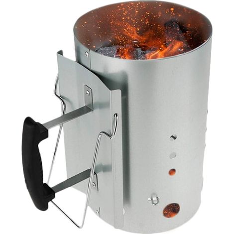 Grillkamin-Anzündkamin, Aluminium-Holzkohleanzünderkartusche mit wärmeisoliertem Sicherheitsgriff.