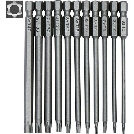 Set mit 11 langen Schraubendreherbits – Magnetische Bits – 1/4"-Sechskantschaft – Größen T6 bis T40 – Länge 100 mm (1/4)