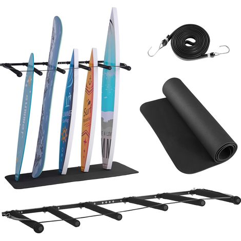 Support vertical pour planche de surf à 5 niveaux, support mural pour rangement et exposition, affichage réglable en métal avec coussinet en éponge, pour planche à neige, kitesurf, skateboard (1/5)