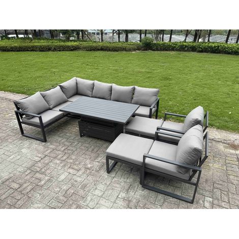 Fimous Aluminium Garden Furniture Sets,10 Seater Outdoor Conversational Dining Set with Adjustable Rising Lifting Dining Table,2 Big Footstools Dark Grey (1/5)