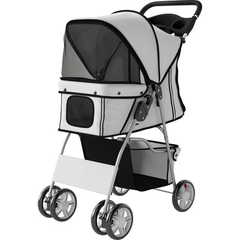 Poussette pliable pour chien avec réflecteurs, roues pivotantes, freins et coussin lavable, grise