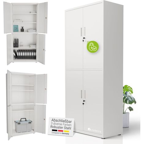 Juskys Aktenschrank aus Metall – 180x80x40 cm abschließbarer Büroschrank aus Stahl mit 2 Türen & 3 verstellbaren Einlegeböden, höhenverstellbare Füße - Weiß