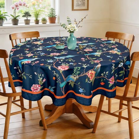Nappe ronde Ø 180 cm, polyester, lavable, bleu foncé, motif oiseaux