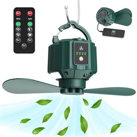 Ventilateur de camping avec lanterne LED, ventilateur rechargeable pour les tentes, télécommande, crochets, pales détachables, minuterie, pour le pique nique, les tentes, l'urgence (1/5)