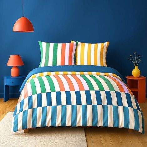Parure de lit - CÔTÉ DÉCO - Housse de couette 220x240 Rayé multicolore - 100% coton - 2 taies 63x63 - OEKO-TEX