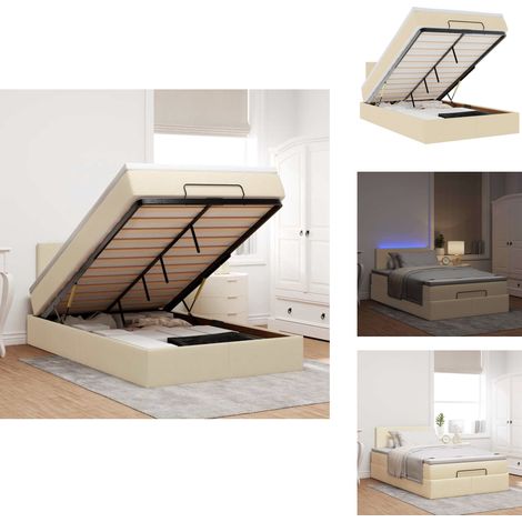 The Living Store Lit ottoman avec matelas et LED crème 120x190 cm tissu - Matelas à ressorts ensachés (1/5)
