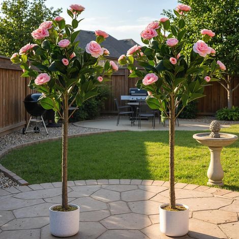 Lot de 2 camélias artificiels 110cm, camélia Artificiel avec 16/20/24 Fleurs, Plante Artificielle en Pot pour la Maison, la Porte d'entrée, l'intérieur et l'extérieur (1/5)