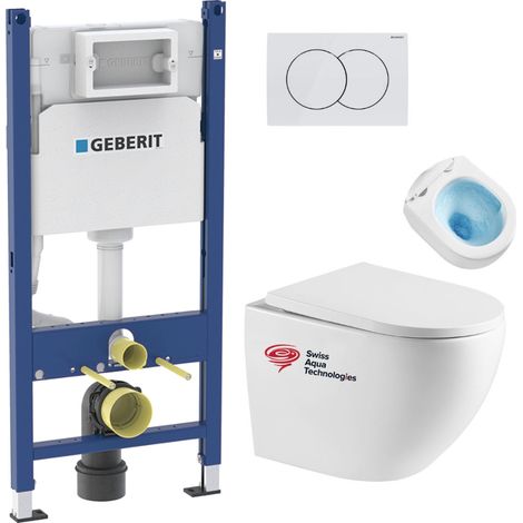 Pack WC Bati-support Geberit Duofix + WC sans bride Swiss Aqua Technologies + Plaque de commande Delta01 Blanche (FusionTQGeb3)