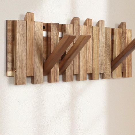 Porte-manteau mural rustique en bois pliable à 8 crochets, hauteur 42 cm (16,5 pouces), style piano, pour entrée, couloir, salle de bain, serviette, sac à dos, veste (style décalé). (1/5)