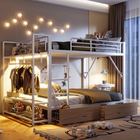 Lit superposé, 140 x 200 cm, structure en fer, 2 tiroirs, plusieurs étagères, éclairage LED, penderie, matelas non inclus, blanc