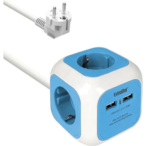 6 en 1 Cube multiprise avec 4 prises USB + 2 ports USB 5 V, 1,5 m, max 3680 W, 16 A, bleu, pour maison, bureau (1/5)