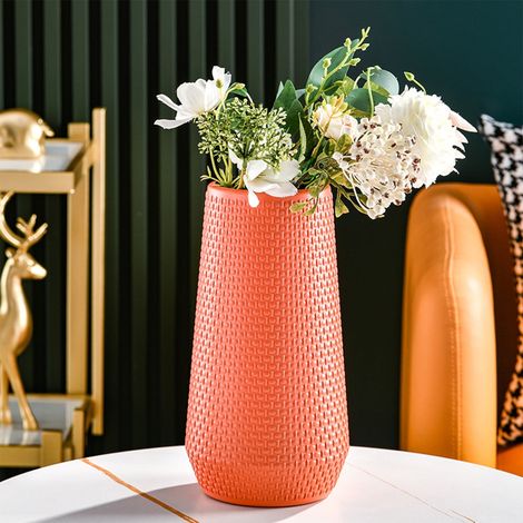 Vase - Plastique - Imitation Porcelaine - Pour Fleurs Séchées Et Fraîches - Décoration Intérieure Chambre Salon Bureau - Orange - 25,5 x 10,5 x 10 cm - 1 Pièce (1/5)