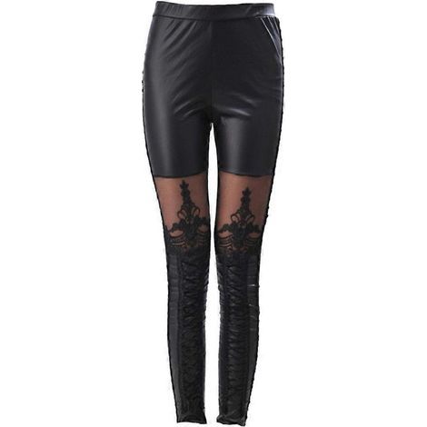 Leggings en similicuir avec empiècements en dentelle, pantalon taille haute pour femme, collant fin (noir, taille M)-M-Black (1/3)