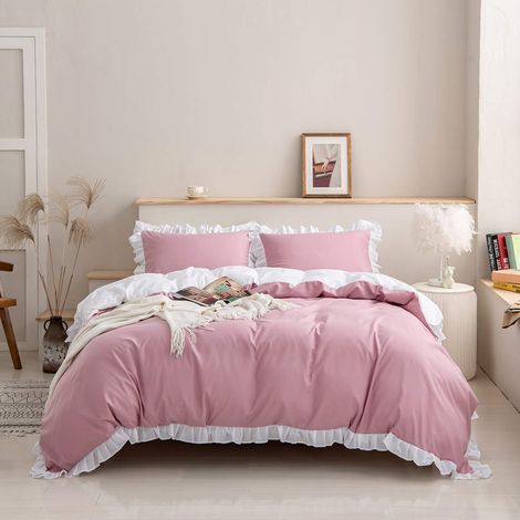 Lot de 2 housses de couette roses 155 x 220 cm pour enfants et filles à volants blancs Style shabby chic Housse de couette légère réversible pour femmes adultes Chambre à coucher Salon Décor (1/5)