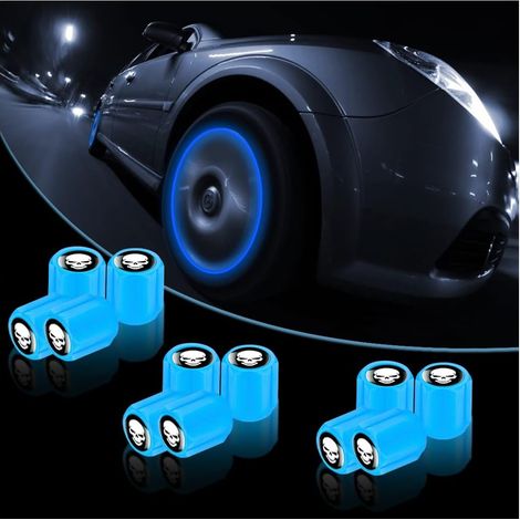 Lot de 12 Bouchons Valve Pneu Voiture, Universel Crâne Couvercle De Tige De Valve Fluorescent, Lumineux De Tige Accessoires De Décoration pour Voiture, Camion, SUV, Motos (Bleu) (1/5)