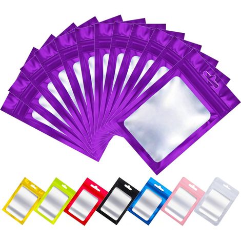 50 Sachets Zip Aluminium, Pochon Hermétique avec Fenêtre, Sac Mylar Refermable, Trou de Suspension, pour Aliment et Stockage, Violet, 12x20cm