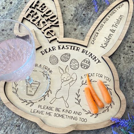 Plate À Snacks Lapin Et Carotte - Décoration De Pâques En Bois - Plateau Ornemental Festif - 1 Pièce (1/5)