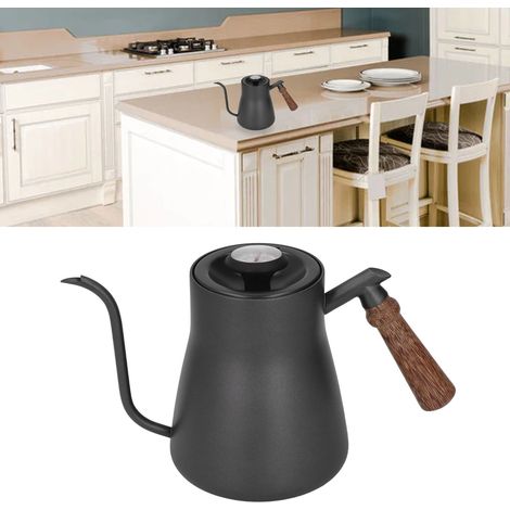 Bouilloire à café filtre de 850 ml avec thermomètre, en acier inoxydable, col de cygne et poignée en bois. (1/5)