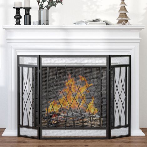 Pantalla Protectora de Chimenea Plegable de 3 Paneles con Bisagras y Estructura de Metal Decorativa 126x3x80 cm Negro (1/5)