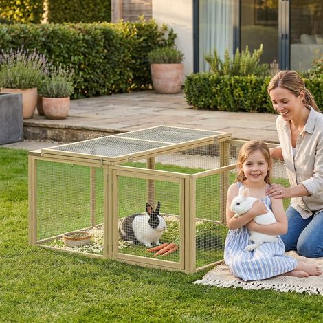 Enclos Lapin Extérieur Cage Lapin Intérieur Pliable Toit Ouvrant Total Poignée 1,44㎡ 120x120x57cm Naturel (1/5)