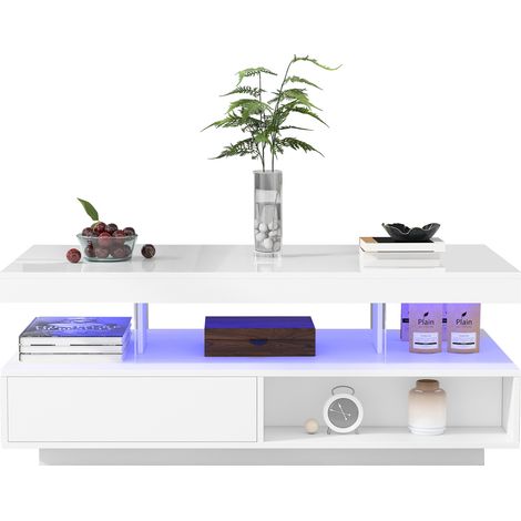 Table basse blanche brillante 95 x 50 x 42,5 cm, avec 4 inserts en verre, 2 tiroirs et 2 niches ouvertes, meuble salon moderne gain de place CHICFURN (1/5)