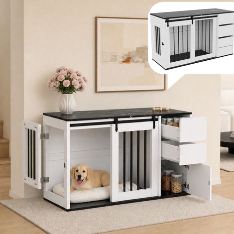 Jaula para perros 2 en 1, caseta de interior, jaula de madera y metal con diseño de mueble, que también sirve como mesa auxiliar, para perros pequeños y medianos, 140 x 60 x 87 cm, blanca, tablero con (1/5)