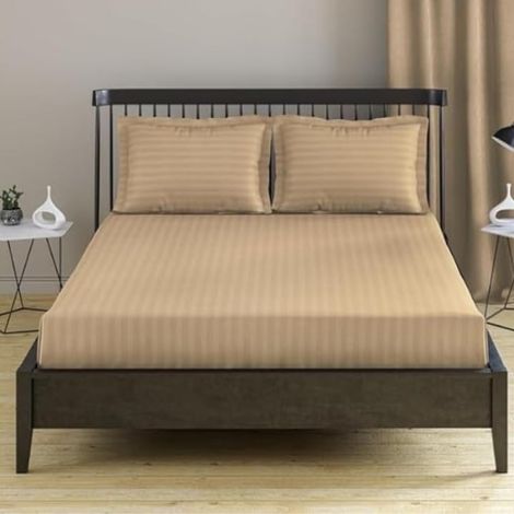 Couvre-lit élastique Deco, 100 % coton, satin damassé, rayures de 1 cm, cappuccino, 100 x 200 + 20 cm (1/2)