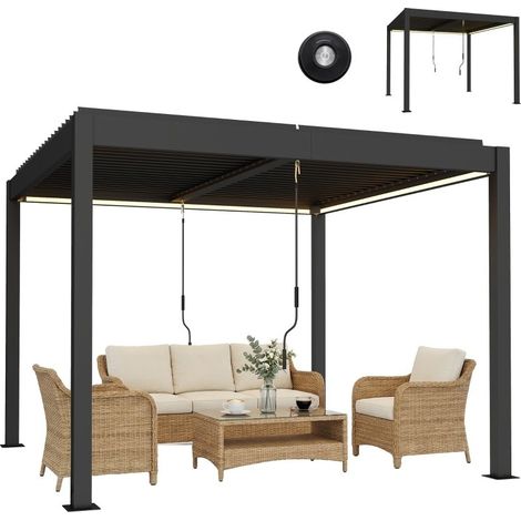 Pergola 3×3 m en aluminium, toit à lames ajustable, éclairage LED et commande à distance pour terrasse.