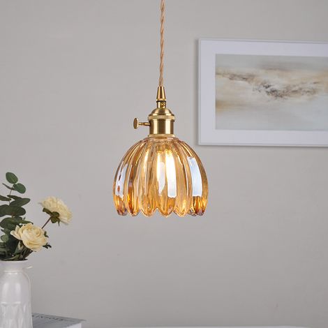 Lustre en laiton et verre style nordique rétro – Suspension créative fleurs d'ambre pour bar, restaurant, chambre à coucher et café