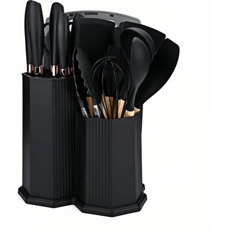 Ensemble de 19 Ustensiles de Cuisine avec 5 Couteaux Planche à Découper et Boîte de Rangement en Forme de Losange – Accessoires en Silicone Noir Résistants à la Chaleur (1/5)