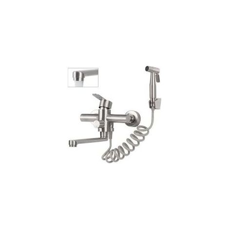 Robinet mural de cuisine en acier inoxydable, mitigeur pivotant 360° avec bec orientable de 23 cm et pistolet pulvérisateur intégré (1/5)