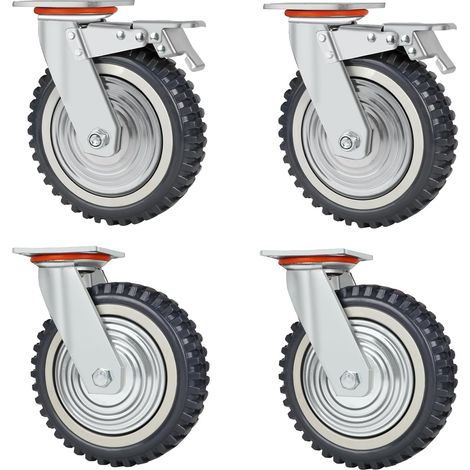 Juego de 4 ruedas de transporte de alta resistencia, 200 mm de diámetro, giratorias con freno, con rodamientos de goma maciza de 360°, 2000 kg (1/5)