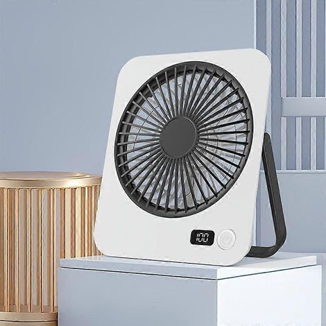 Ventilador de escritorio portátil recargable por USB, mini ventilador silencioso de 5 velocidades con pantalla digital LED, giratorio 180° y montable en la pared para oficina, dormitorio y camping. (1/5)