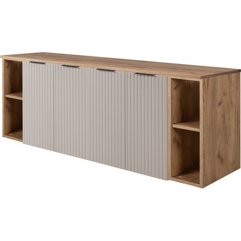 Furnidea - Meuble sous vasque suspendu FLOW CACHEMIRE 160 cm avec 2 x l'étagères - extensions et plan CHÊNE - 4 portes - façades rainurées (1/5)