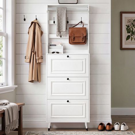 Armoire à chaussures couloir 66x17x180cm 3 portes pliantes patères crochets penderie intégrée meuble compact entrée rangement vestiaire, blanc (1/5)