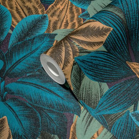 Papier peint feuillage tropical Tapisserie florale bleue, verte, orange Papier peint tendance feuilles de palmier idéal pour chambre (1/5)