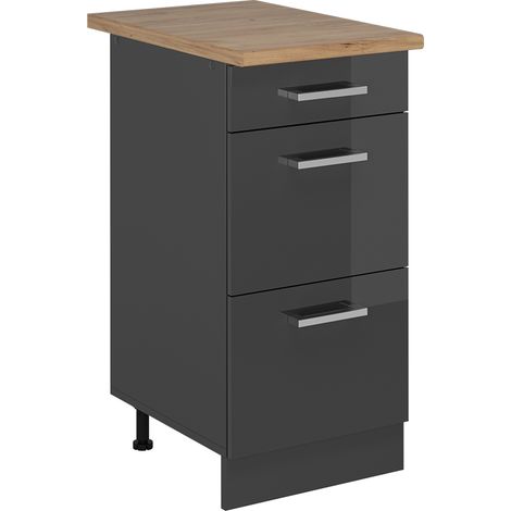Küchenunterschrank R-Line, Anthrazit Hochglanz, 40 cm mit Schubladen, AP Eiche, Vicco