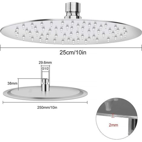 Tete de Douche Ronde, Pomme de Douche en Acier Inoxydable 304, 10 Pouces, G1/2” Connexions Standard Threads (1/3)