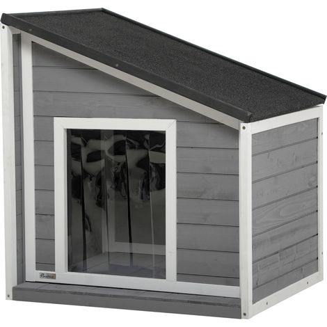 Niche pour chien en bois massif, résistante aux intempéries, toit en asphalte, 71 cm x 58 cm x 77 cm, gris et blanc