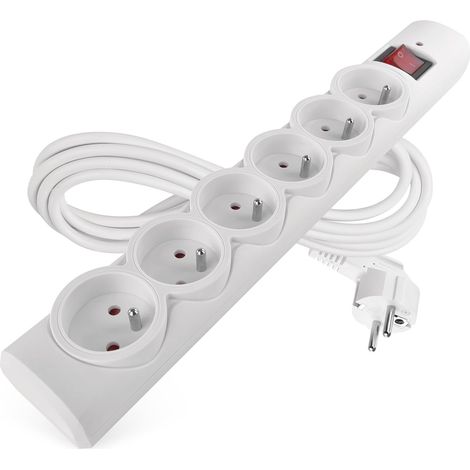 multiprise parafoudre avec LED, 6 Prises françaises 45°, câble 3m, Interrupteur, sécurité Enfants, 2300W/10A, PVC, intérieur, Blanc (1/5)