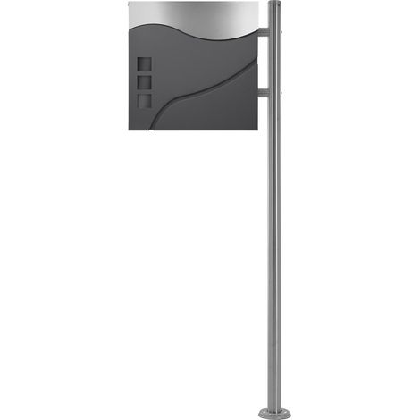 ECD Germany Standbriefkasten mit Zeitungsfach, Briefkasten mit Pfosten, Briefkastenanlage Briefkastenständer Silber 120cm Edelstahl, Postkasten Anthrazit/Silber 37 x 36,5cm Edelstahl pulverbeschichtet