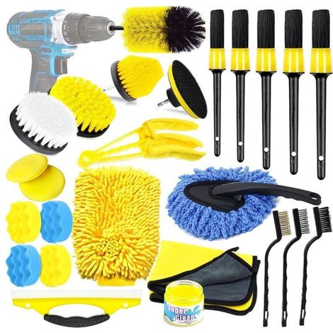25 Pack, Car Cleaning Kit - Car Interior and Exterior Care Kit - Car Wash Kit with Brushes, Polishing Sponges, Cleaning Gel and More. (excluding electric drill) (1/4)
