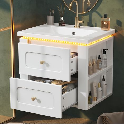 MODFU – Mueble lavabo suspendido 61x47x50 cm de MDF/cerámica con 2 cajones, nicho lateral, LED por app y carga 70 kg – Blanco (1/5)