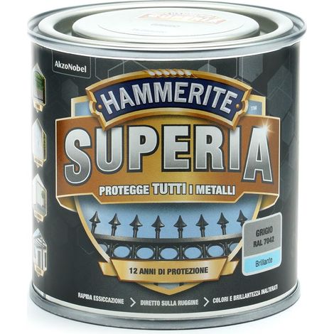 Hammerite Superia smalto metallo antiruggine interno e esterno, Brillante Grigio, 250 ml