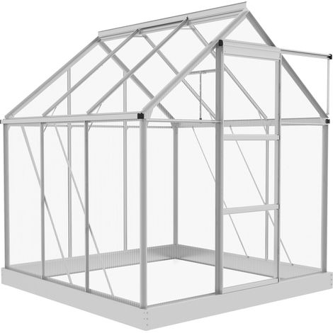 6 x 6ft Walk-In Greenhouse, Polycarbonate Greenhouse Sliding Door, Window, Aluminium Frame, Foundation, Silver (1/5)