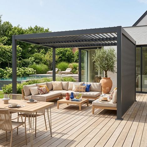 Pergola bioclimatique aluminium et acier 4x3m + auvent 3m anthracite Palace (1/5)