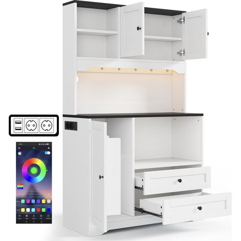 100×40×163 cm, armario de cocina alto con iluminación LED y enchufes, con espacio para microondas, estantes ajustables, especiero y puerto USB, apto para cocina, comedor y sala de estar. (1/5)